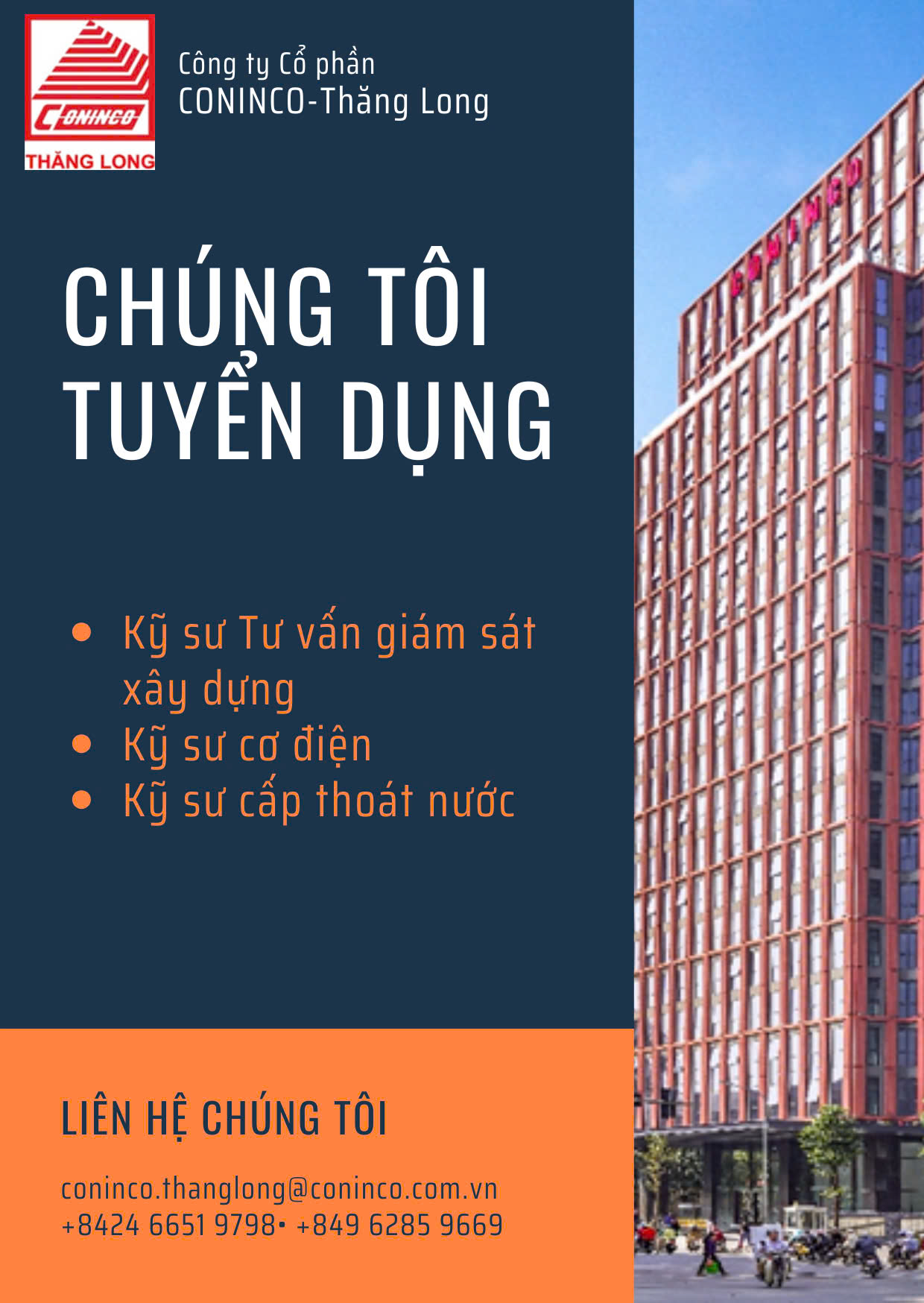 CONINCO-THĂNG LONG TUYỂN DỤNG KỸ SƯ TƯ VẤN GIÁM SÁT XÂY DỰNG, CƠ ĐIỆN, CẤP THOÁT NƯỚC